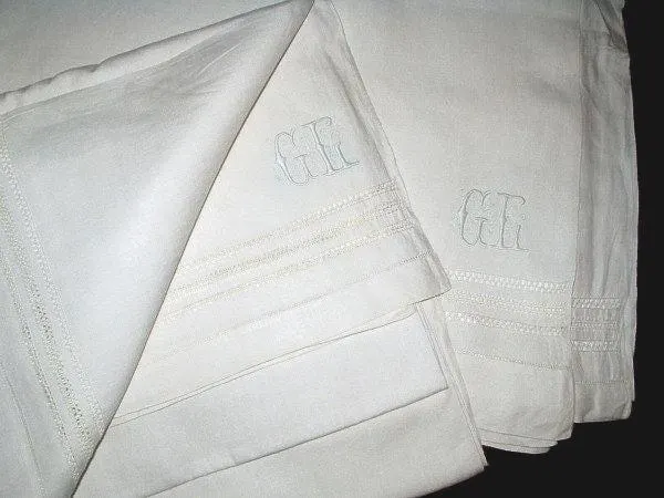 Antique Linen Twin Bed Sheets: Edwardian Trousseau Pair, Drawnwork Embroidery Monogram GL