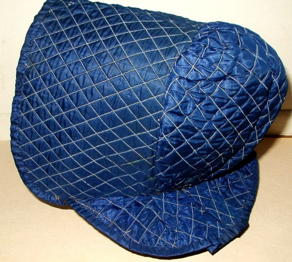 Child Antique Civil War Blue Silk Taffeta Quilted Bonnet Muslin Lined Old Original 19th Century