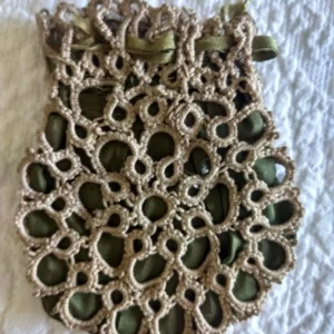 Vintage Tatted Coin Purse Bag Green Lining Ribbon Drawstring 1900s