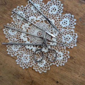 Antique Irish Crochet Doily - Tiny Steel Hooks & Embroidery Scissors, 1930s Sewing Notions, Milward