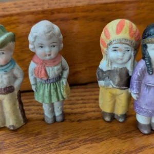 Antique Frozen Charlotte Penny Dolls Japan Bisque Cowboy Indian Maiden Girl 3 Inch Collectible