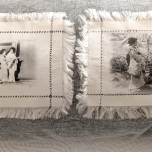2 Victorian Asian Doilies Silk Fringe Drawnwork Print Geisha Girls Doily