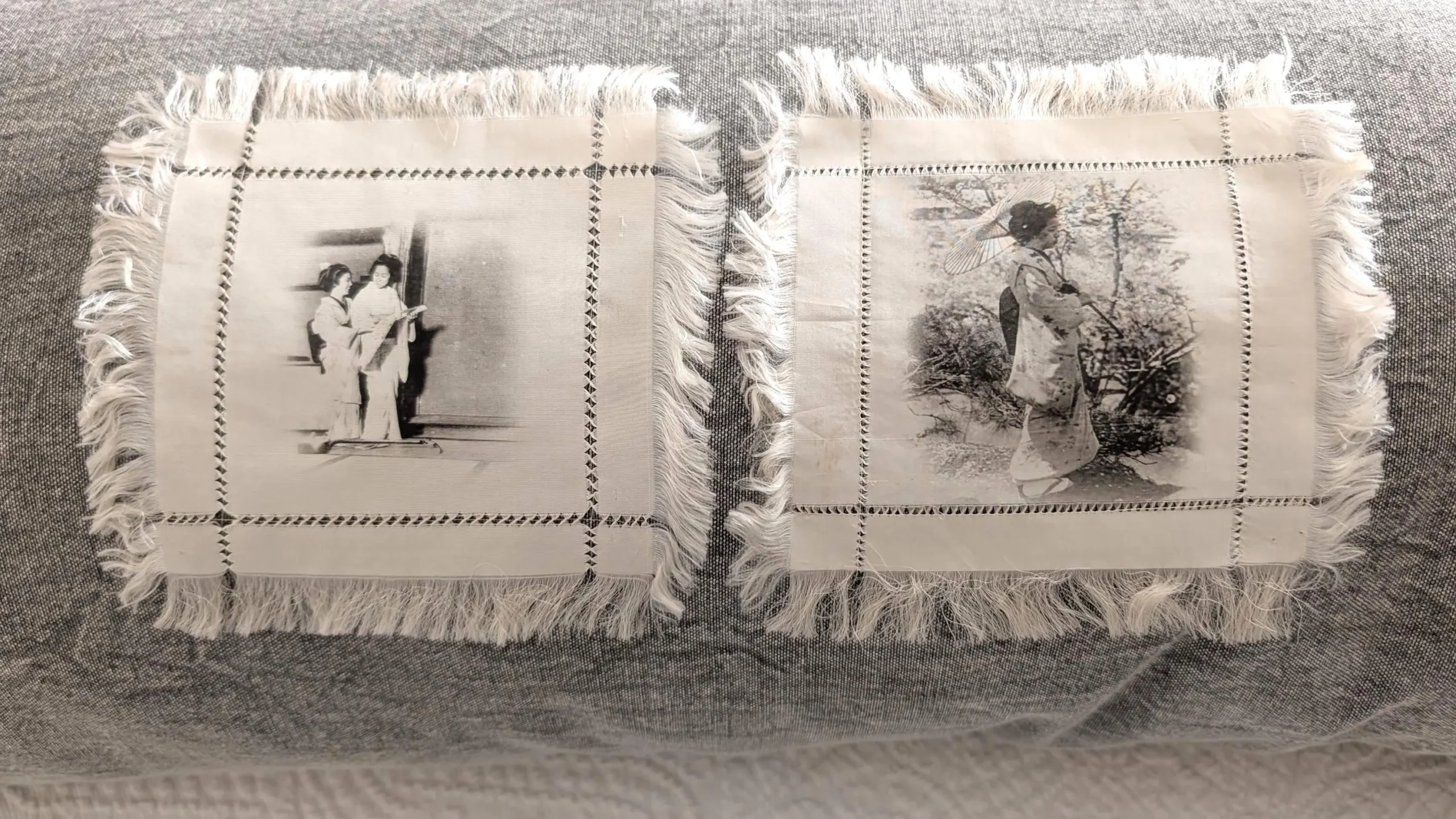 2 Victorian Asian Doilies Silk Fringe Drawnwork Print Geisha Girls Doily