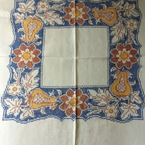 Linen Tablecloth Cross Stitch Embroidery Flower Fruit Vintage 1930s 1940s X Stitch