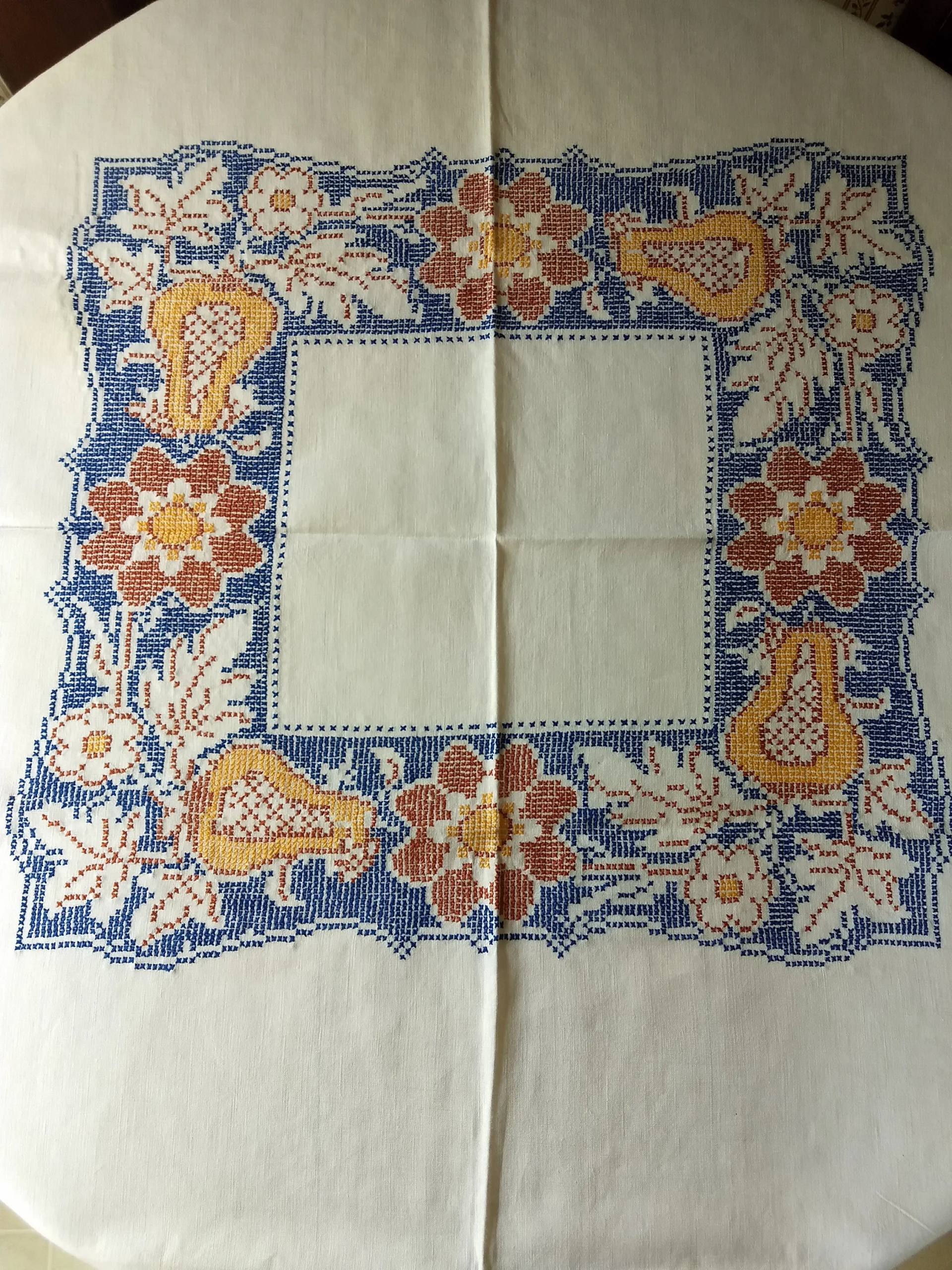 Linen Tablecloth Cross Stitch Embroidery Flower Fruit Vintage 1930s 1940s X Stitch